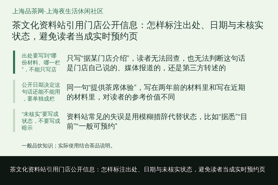 茶文化资料站引用门店公开信息:怎样标注出处、日期与未核实状态,避免读者当成实时预约页的知识要点示意图